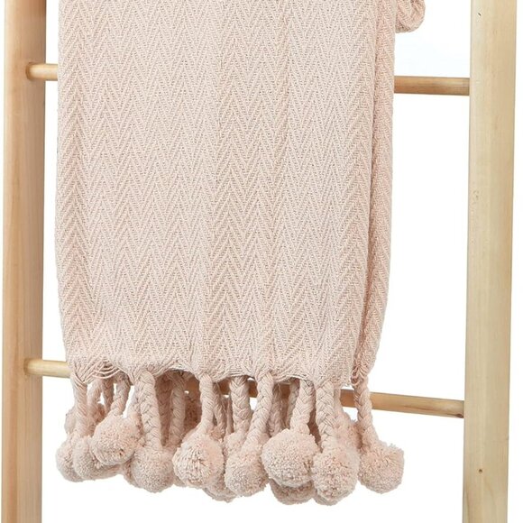 Creative Co-Op Soft Pink Cotton Woven Pom Pom Throw w/Braids/NWT - Picture 2 of 13
